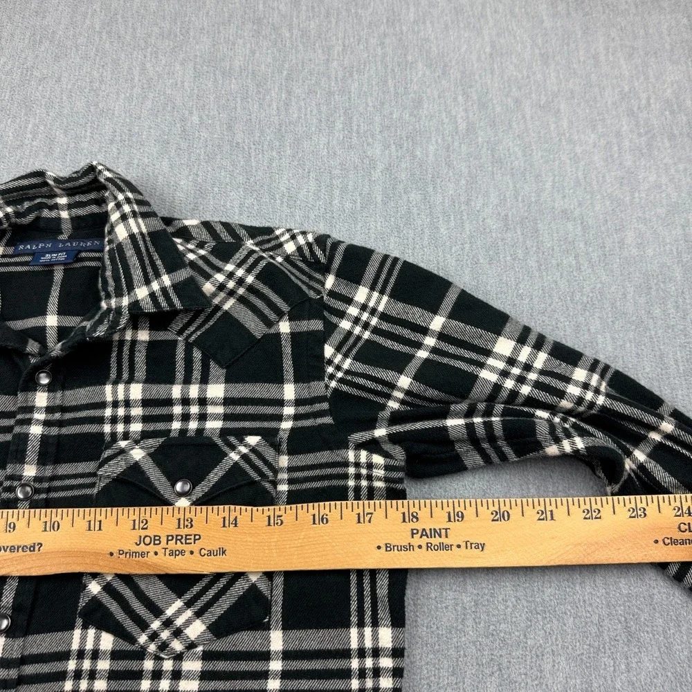 Ralph Lauren Shirt Womens 2 Black Plaid Snap Pearl Flannel Western Cowgirl Rodeo